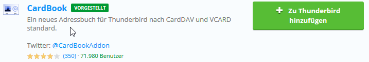 Thunderbird Add-on CardBook in den Suchergebnissen