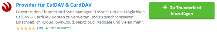 Thunderbird Add-on Provider für Google CalDAV & CardDAV in den Suchergebnissen