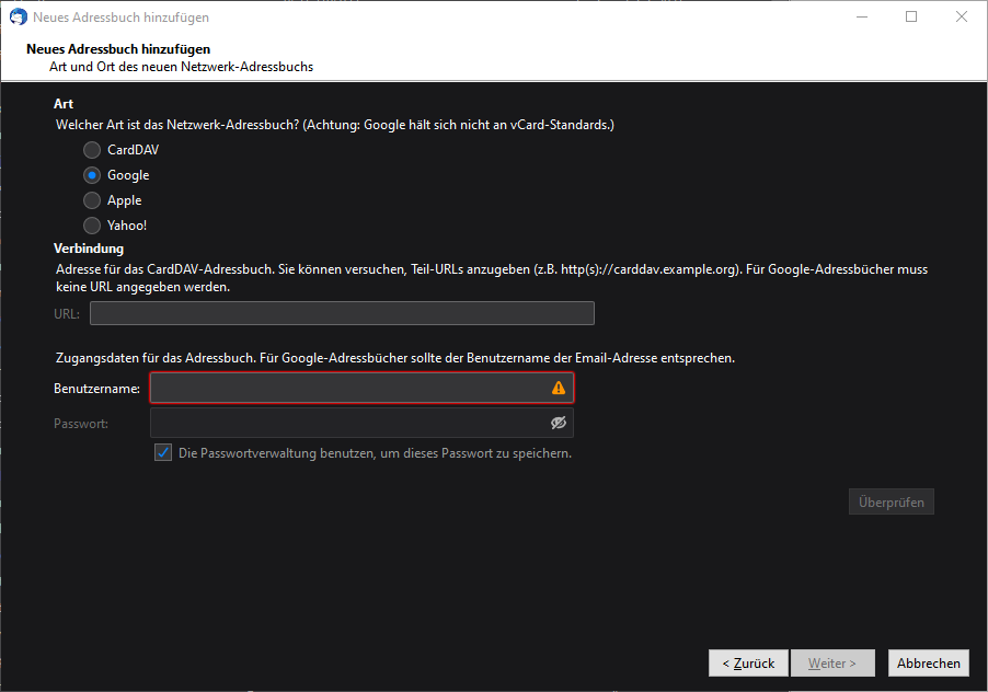 Hinzufügen von Google Adressbüchern